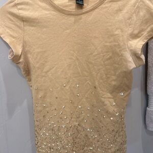 INC International Concepts Cream Gold Embellished Cap Sleeve Tee